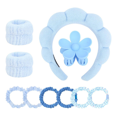 10Pcs Blue Spa Headband and Wrist Washbands Set, Skincare Headband Face Wash Headband Makeup Headband, Flower Hair Claw Clip and 6Pcs Slip Hair Ti...