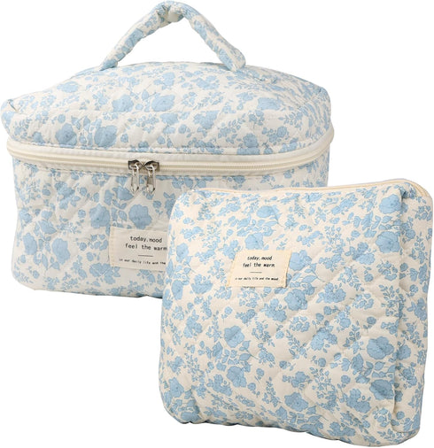 Cute Makeup Bag for Women(2 Pcs), Travel Cosmetic Bags, Quilted Coquette Aesthetic Floral Toiletry Organizer Bag (NavyBlue Flower)...