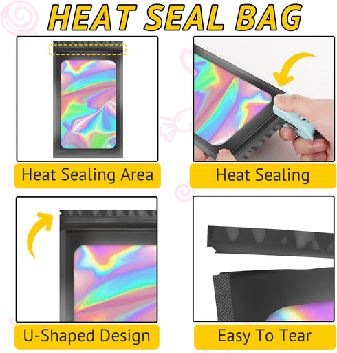 100 PCS Smell Proof Bag, Holographic Bags Packaging Bags for Small Business, Foil Freshies Bags for Food Storage, Sample Bags Resealable Bags for ...