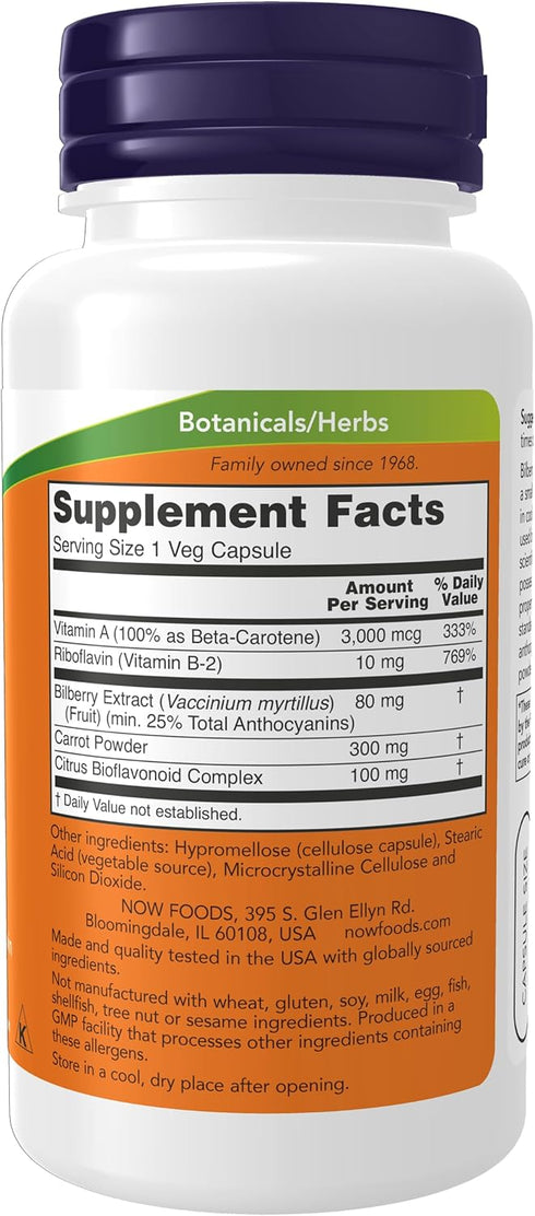 NOW Supplements, Bilberry (Vaccinium myrtillus)Complex 80 mg with Beta-Carotene & Riboflavin, 100 Veg Capsules...