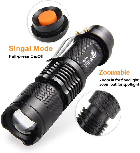 ULTRAFIRE 3 Pack Mini Flashlights Focus Adjustable SK68 Single Mode Tactical LED Flashlight, Ultra Bright 300 Lumens Torch...