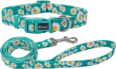 Dog Collar and Leash Set, Cute Daisy Pattern, Polyester Material, 5ft Leash, for Puppy Dogs.(Extra Small,Green Daisy)...