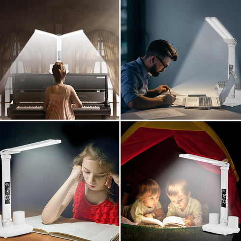 LED Desk Lamp Light with 2 Pen Holders, Time, Date, Temperature Display, Dimmable, 3 Color Modes, Touch Control, Foldable,Eye-Caring Table Lamp fo...