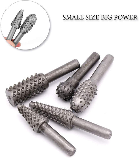 5 PCS Rotary Drill Bit Set Woodworking Rasp Wood Carving Bits 1/4” Shank Power Carving Bits Rotary Burr Set...