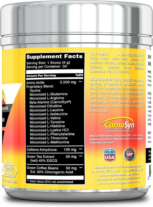 Amazing Muscle Amino Punch 5500 Mg Per Serving with Stevia -Contains Beta Alanine, Caffeine, Green Tea Extract, Green Coffee Bean - 30 Servings (C...