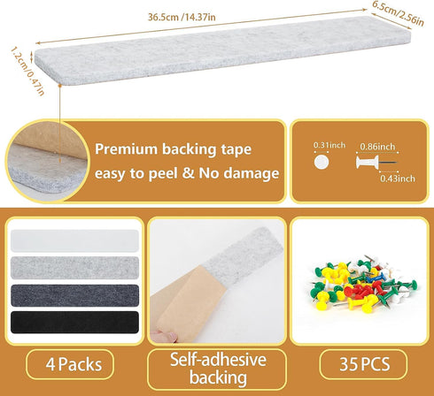 Felt Bulletin Board, 4 Pcs Large Size Cork Board Bar Strips with 35 Pushpins, Self-Adhesive & No Damage for Wall, Felt Pin Board Strips for Paste ...