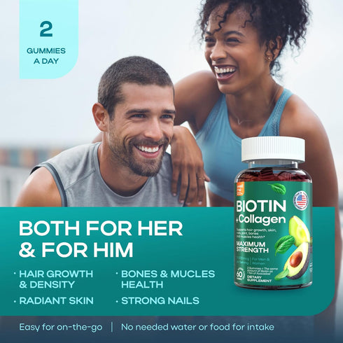 Biotin 10000mcg - Biotin Gummies for Hair Growth, Healthy Skin and Nails, Max Strength - Non-GMO and Gluten Free Biotin Vitamins - Biotin and Coll...