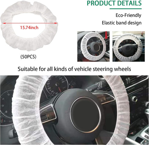 Ziciner 50 PCS Disposable Steering Wheel Cover, Universal Non-Woven Car Steering Wheel Protectors with Elastic Trims, Perfect for Automotive Servi...