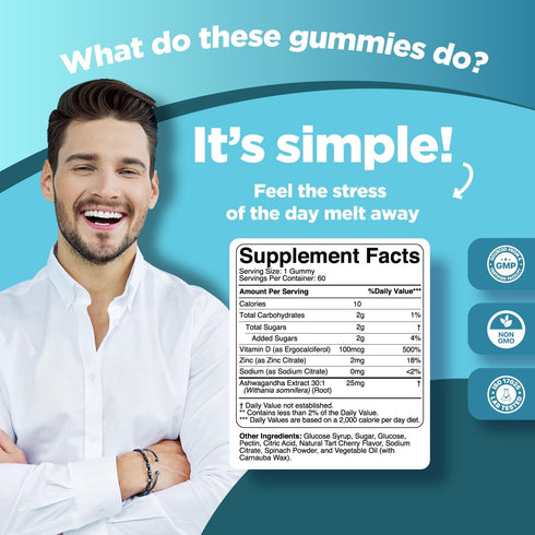 Calming Ashwagandha Gummies for Men and Women - 750mg Equivalent from 30:1 Root Extract with Zinc and Vitamin D - Tasty Adaptogen Stress Gummies f...