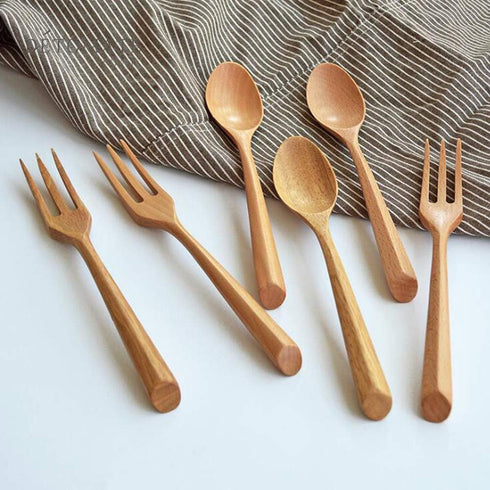Kyien 6Pcs Wood Soup Spoons And Forks Sets Natural Wood Eating Utensils Wooden Flatware Set?Eco Friendly Wood Cutlery Wooden Dinner Fork And Spoon...