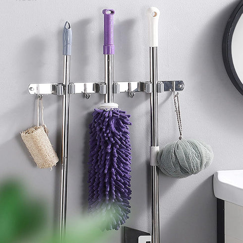 Broom Mop Holder Wall Mount Cleaning Tool holder, Heavy Duty Stainless Steel Broom Hanger Rack Hook Organizer, Garage Storag Racks wall Mounted Br...