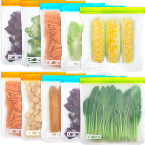 Reusable Gallon Food Storage Bags - 10 Pack BPA Free Dishwasher Safe Gallon Freezer Bags, Extra Thick Leakproof Silicone & Plastic Free Reusable L...