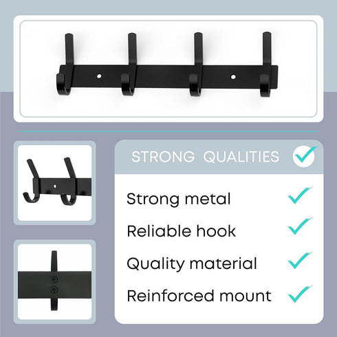 Matte Black Coat Rack Wall Mount – 12 Inch Stainless Steel Hook Rail with 4 Double Coat Hooks – Wall Mounted Entryway Organizer for Coats, Hats, B...