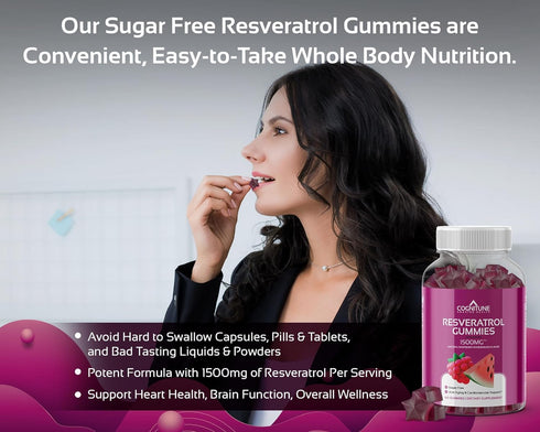 Resveratrol Gummies - Sugar Free Natural Raspberry Watermelon Flavor, 1500mg Resveratrol Supplement for Heart, Brain, Immune Support & Wellness, P...