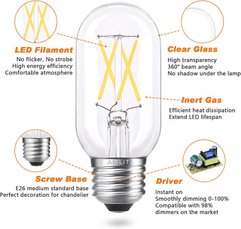 T45/T14 LED Light Bulb Dimmable, 4W(40 Watt Equivalent), Bright White 4000K, Daylight E26 Base LED Tube Bulbs for Household Mason Jars Ceiling Fan...