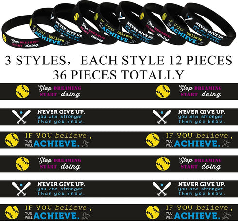 Sumind 36 Pcs Softball Motivational Bracelets Softball Themed Inspirational Stretch Silicone Rubber Wristbands with Motivational Sayings for Sport...