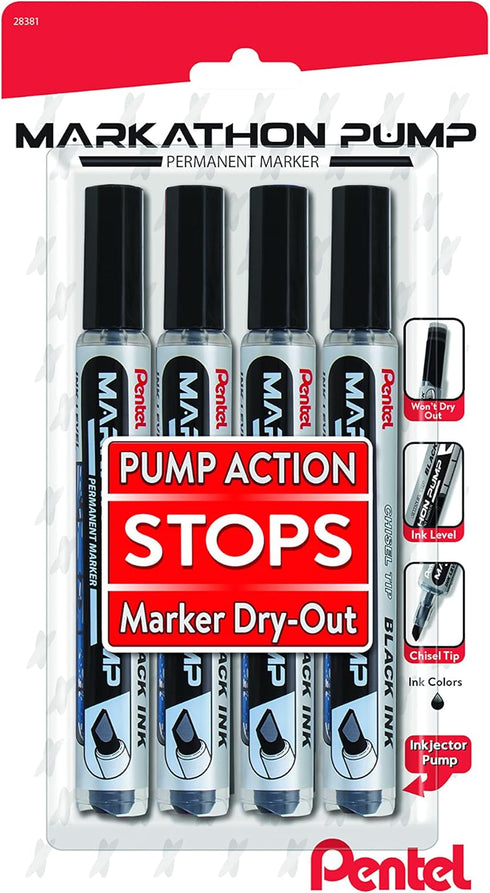 Pentel Markathon Pump Permanent Marker, Chisel Tip, Black Ink, 4 Pack (NLF60XBP4A)...