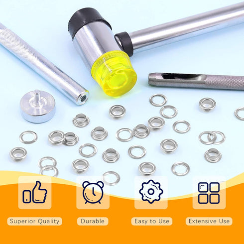 Rustark 200 Sets 1/4 Inch Silver Grommet Assortment Kit with 4 Pcs Setting Install Tool, 6mm Metal Eyelets Set in Storage Box for Clothes Shoes Ba...