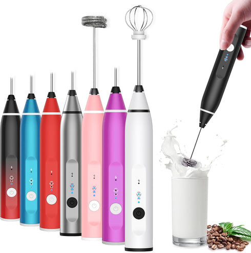 Milk Frother Rechargeable Handheld Electric Whisk Coffee Frother Mixer with 2 Stainless whisks 3 Speed Adjustable Foam Maker Blender for Coffee Ma...