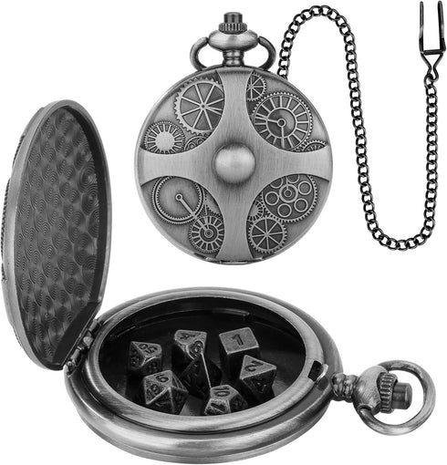 Mini DND Dice Set with Steampunk Gear Pocket Watch Shell Case, 7pcs Polyhedral Metal D&D Dice Set, DND Gifts with Gift Box, Role Playing Board Gam...