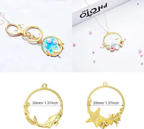 Allazone 35 PCS Open Bezel Charms, 28 PCS Sea Theme Open Bezels for Resin 7 Style Alloy Frame Pendants 2 Color Hollow Resin Frames with Necklace f...