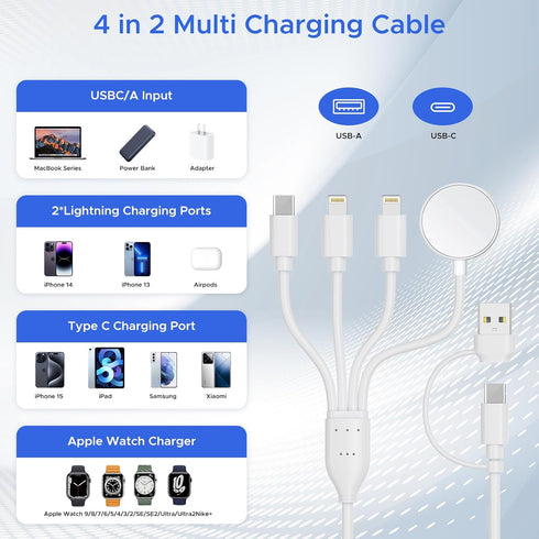 4 in 2 Multi Charging Cable for Apple Watch Charger,USB C Cable Universal Tra vel Charger with Lightning Type C Compatible with iPhone 15 14 13 iW...