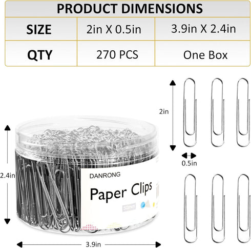Silver Jumbo Paper Clips, 270pcs 2 Inch (50 mm) Paper Clip, Large Paperclips Great for Office School and Personal Use(2 in, Silver)...
