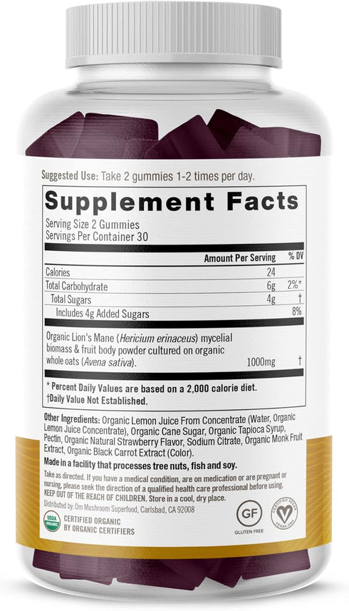 Om Mushroom Superfood | Lion's Mane Gummies | USA Grown Organic Mushrooms |Memory, Focus, Clarity, Nerve Health & Mood Support | 60 Count, 30 Serv...