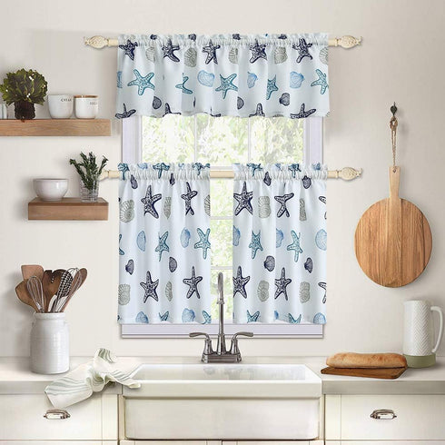 Kitchen Valances for Windows 54" x 15" Multicolor Starfish Seashell Conch Window Valances for Living Room/Kitchen/Bathroom, Rod Pocket, Blue...