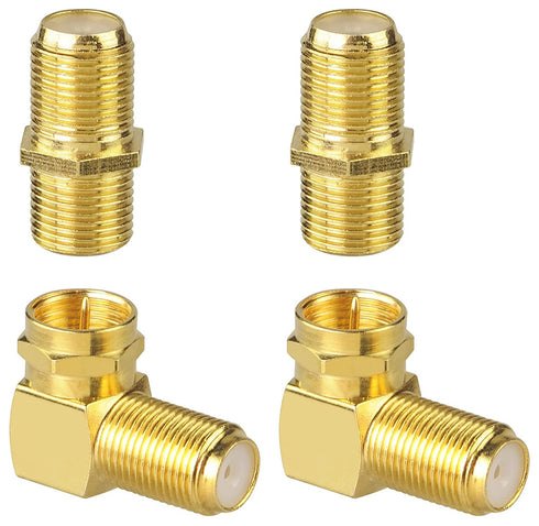 4 Pack Coaxial Cable Female Connector Bundle with 90 Degree Male to Female Adapter, Right Angle F-Type RG6 Adapter Female to Female for TV Cables...