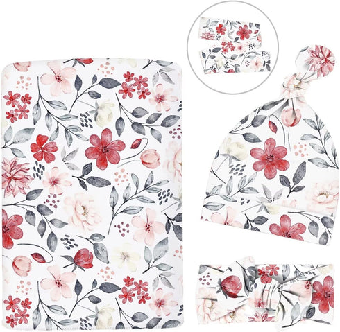 Newborn Swaddle Set with Matching Headband Hat and Bow Set Floral Baby Girl Newborn Receiving Blankets Baby Swaddle Nursery Wildflower Baby Blanke...