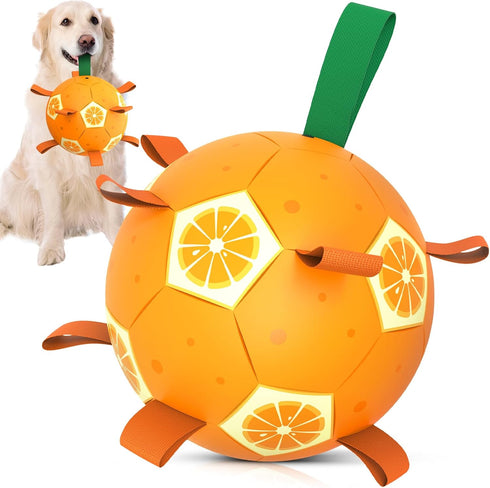 Orange Dog Toys Soccer Ball - Dog Soccer Ball with Straps, Dog Water Toy for for Tug of War, Durable Dog Balls for Large Dogs (8 Inch)...