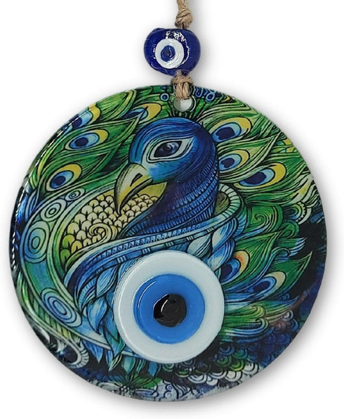 Fusion Peacock Design 4.7" Glass Evil Eye Wall Hanging Decor, Handmade, Home Protection, Good Luck Charm - Greek, Turkish Decor, Ojo Turco, Nazar ...