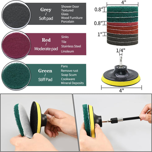 24pcs Drill Brush Attachment Set, 8pcs Scrubber Brushes with 9pcs Scouring Pad 3pcs Scrubbing Sponge 2pcs White Wool Pad 1pcs Backer and 1pcs Exte...