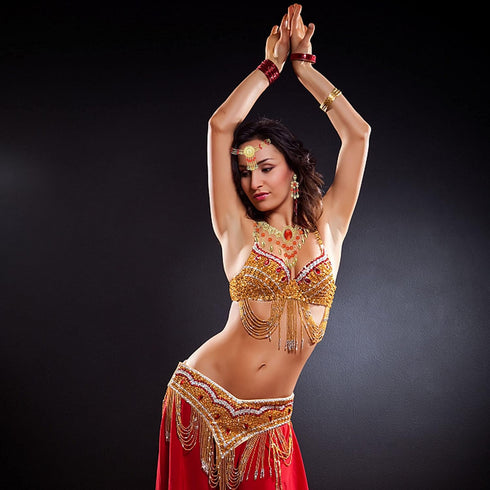 JOERICA Gold Plated Belly Dance Jewelry Set for Women Head Jewelry Triangle Bracelet Rings Statement Necklace Clip on Earrings Indian Bollywood St...