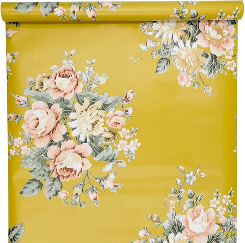 Yifely Vintage Peony Floral Shelving Paper Dark Yellow Peel & Stick Shelf Liner Dresser Drawer Sticker 17.7 Inch by 9.8 Feet...