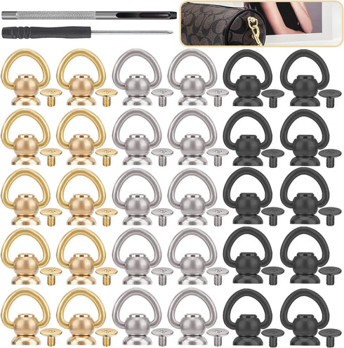 Brass Ball Studs Rivets D Ring, Brass Rivet Button Ball Studs, Rivets D Ring 360 Rotatable, 32 pcs Brass Rivets Purse Ball Stud for DIY Leather Co...