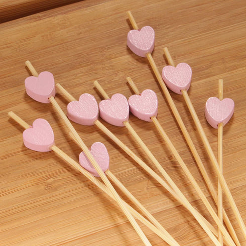 BambooMN 7.1 Inch Pink Heart Bamboo Food and Drink Pick Skewers for Catered Events, Holiday's, Restaurants or Buffets Party Supplies, 100 Pieces...