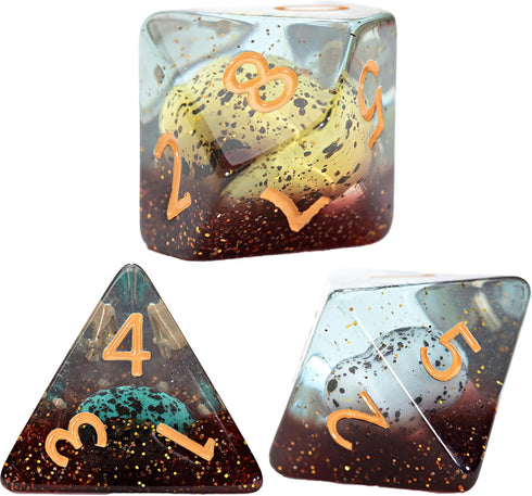 Gate Keeper Games and Dice: Inclusion Dice: Dinosaur Eggs - 7pc RPG Set, Multi-Colored Dino Eggs & Brown Glitter in Clear Resin, Role Playing Game...