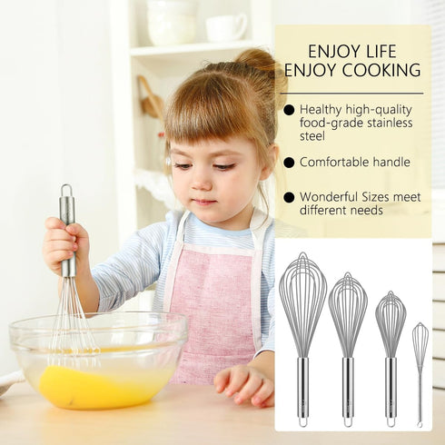HOTEC 4 Pieces Stainless Steel Whisks Set Wire Whisk Balloon Whisk Egg Beater Kitchen Utensils for Stirring, Beating, Blending...