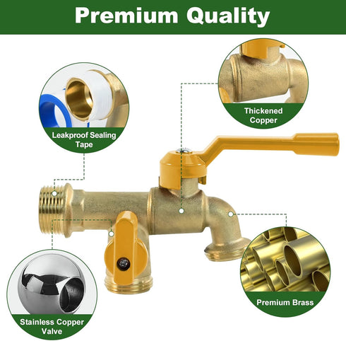 Outdoor Double Taps Water Faucet, Garden Hose Splitter 2 Way, 3/4 inch Wall Mounted Brass Water Tap, Frost-Proof Outside Spigot Replacement with 2...