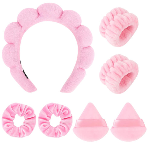 7Pcs Puffy Spa Headband and Wristband Set Skincare Headband for Washing Face Scrunchies Powder Puffs Sponge Spa Makeup Headband Puffy Headband Ter...