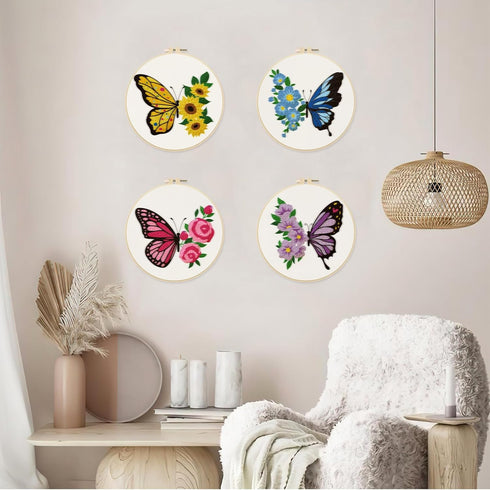 ORIGACH 4 Pack Flowers and Butterfly Embroidery Kits for Beginners, DIY Starter Hand Embroidery Kit with Floral and Butterfly Patterns and Instruc...