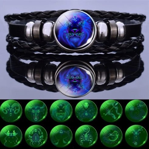 2Pcs Multilayer Constellation Zodiac Leather Bracelet Vintage Black Leather Bracelet Adjustable Handmade Woven Bracelet Birthday Trendy Jewelry fo...