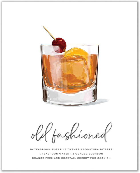 Old Fashioned Cocktail Wall Art - MIX & MATCH Bar Cart Decor - Illustrated Alcohol Posters with Cocktail Recipes - Bar Wall Art Cocktail Posters -...