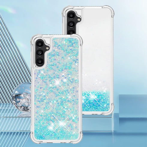 for Samsung Galaxy A14 5G Case with Tempered Glass Screen Protector, Women Girls Glitter Bling Floating Liquid Cute Soft TPU Protective Phone Case...