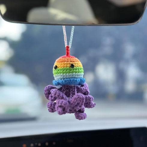 Crochet Rainbow Jellyfish Pendant for Car Interior Rearview Mirror, Car Hanging Knitted Jellyfish Charm Ornament, Handmade Car Accessories Gift...