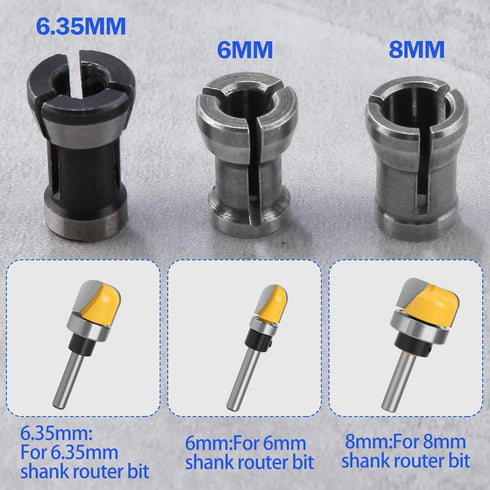 3 Pcs Die Grinder Collet 6mm 6.35mm 8mm Router Collet Chuck Adapter Collets Trimmer Clamping Collet Adaptors Router Bit Chuck for Woodworking Engr...