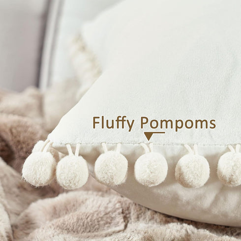 Top Finel Decorative Throw Pillow Covers 18x18 Set of 2, Cream White Couch Square Pillow Covers for Sofa Bed, Soft Velvet Cushion Covers with Pom ...