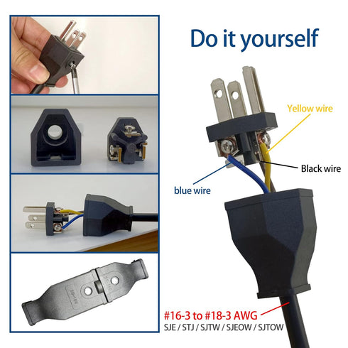 3 Prong NEMA 5-15P Power Adapter Replacement Plug, Straight Blade Connector for Extension Cord,3-Pin 15A 125V Male Rewirable Plug (Plug 2Pcs,Black...